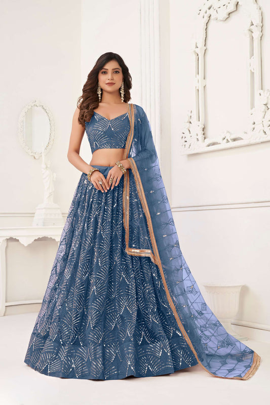Blue Sequins Embellished Net Lehenga Choli & Dupatta