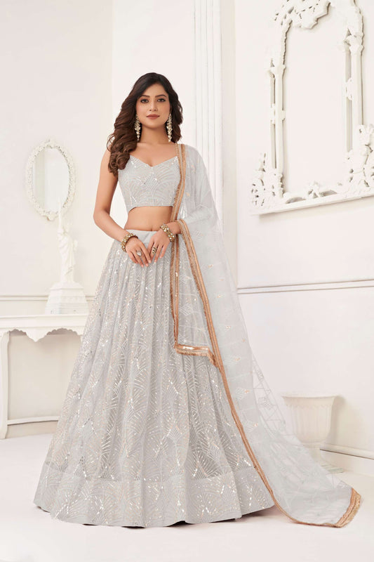 Off White Net Lehenga Choli In Sequins Work
