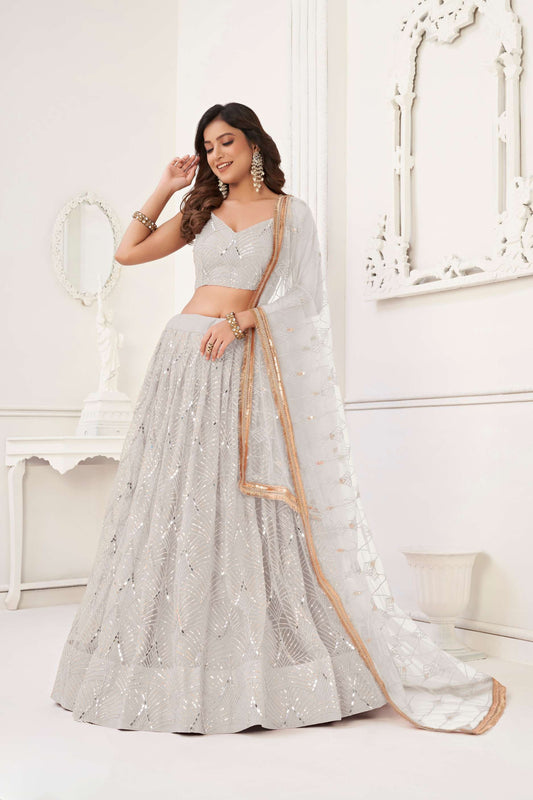 Off White Net Lehenga Choli In Sequins Work