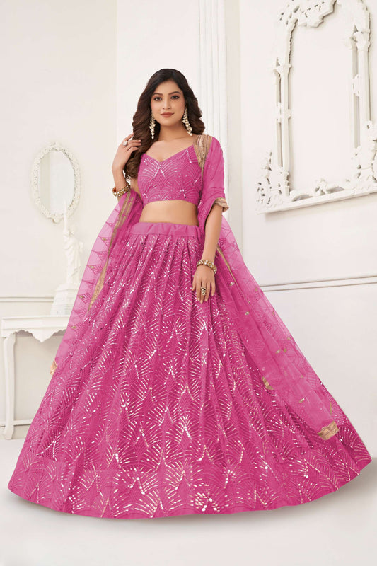 Salmon Pink Sequin Embellished Lehenga Choli in Net