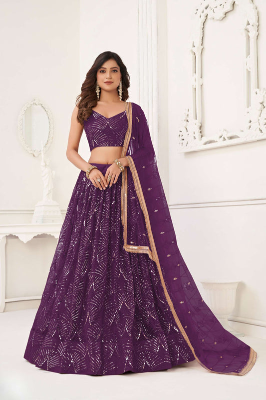 Purple Embroidered Lehenga Choli in Net