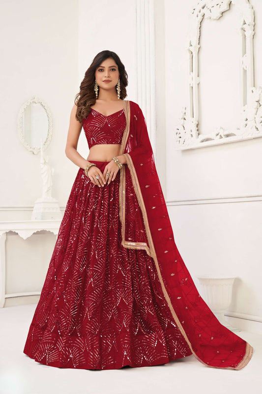 Maroon Embroidered Lehenga Choli & Dupatta