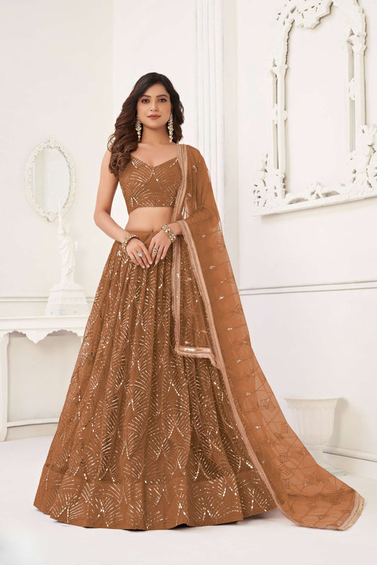 Brown Embroidered Lehenga Choli & Dupatta