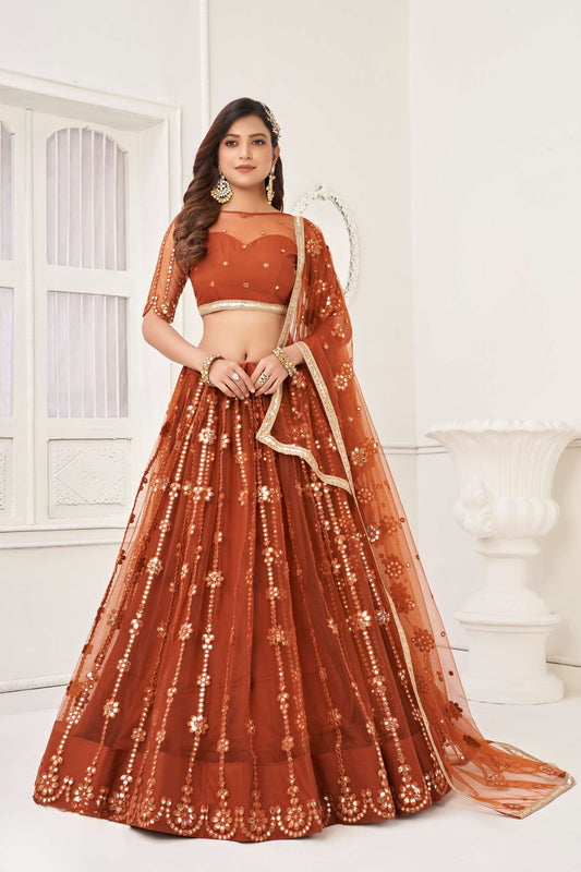 Brown Net Lehenga Choli in Sequins Embroidery