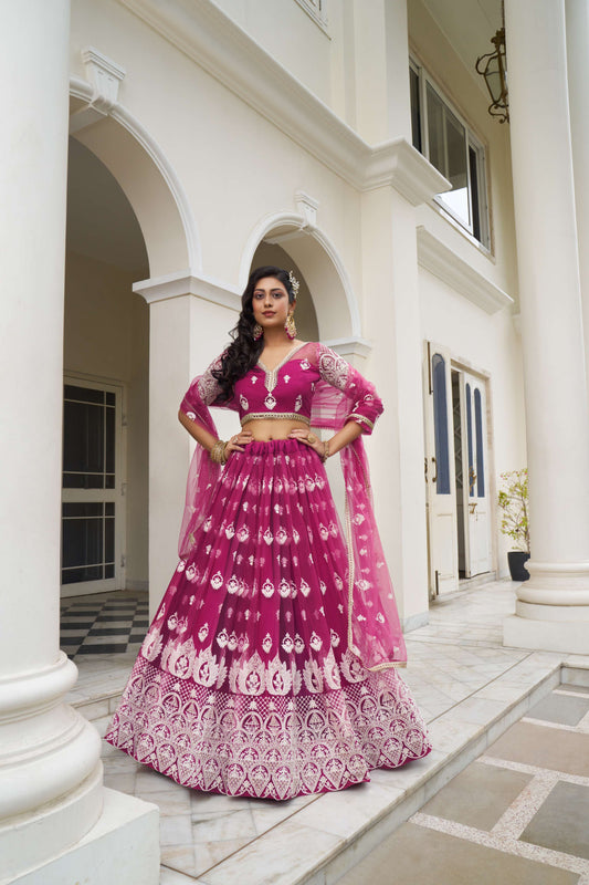 Pink Net Lehenga Choli In Thread Embroidary