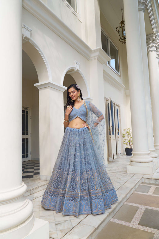 Grey Light Blue Thread Embroidered Lehenga Choli