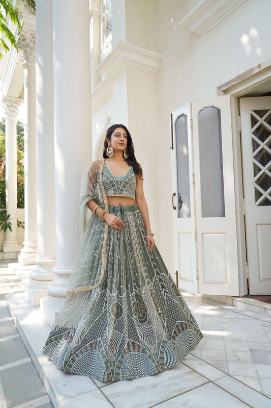 Dusty Green Embroidered Net Lehenga Choli
