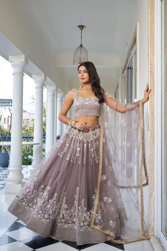 Dusty Brown Thread Embroidery Net Lehenga Choli
