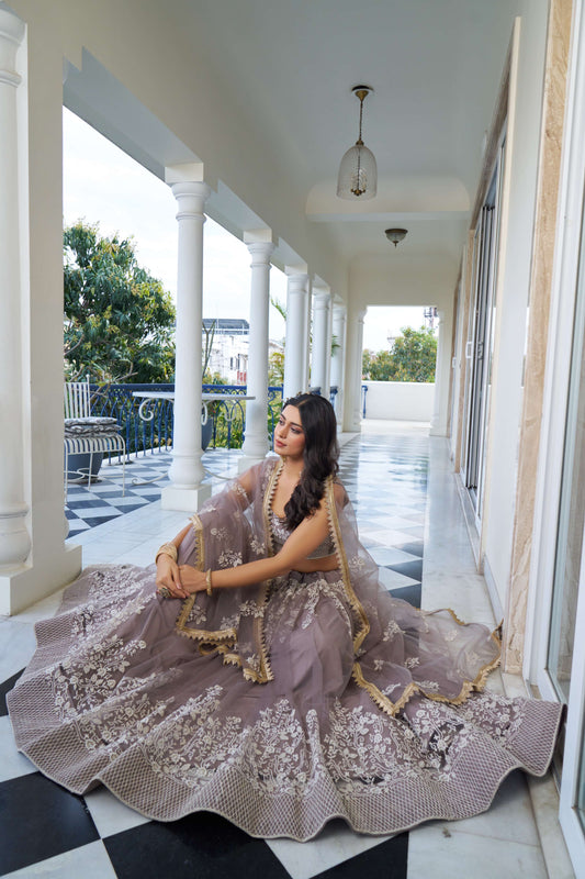 Dusty Brown Thread Embroidery Net Lehenga Choli