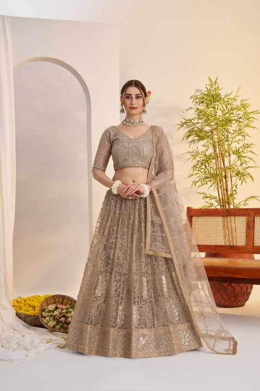 Grey Embroidered Net Lehenga Choli with Dupatta