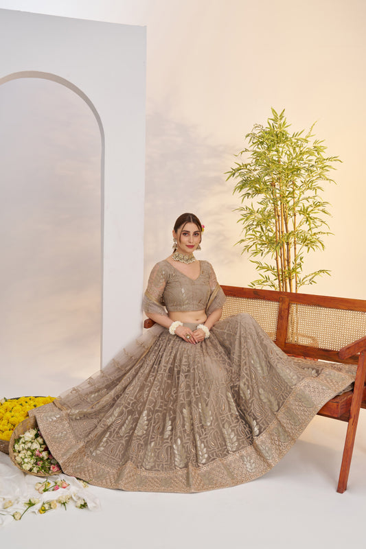 Grey Embroidered Net Lehenga Choli with Dupatta