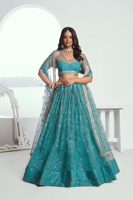 Turquoise Embroidered Net Lehenga Choli