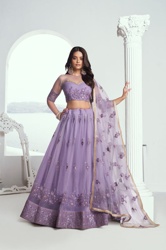Lavender Embroidered Lehenga Choli in Net
