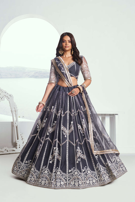 Slate Grey Net Lehenga Choli In Embroidery