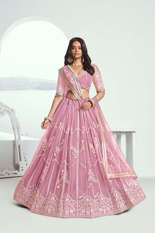 Pink Embroidered Party Wear Lehenga Choli