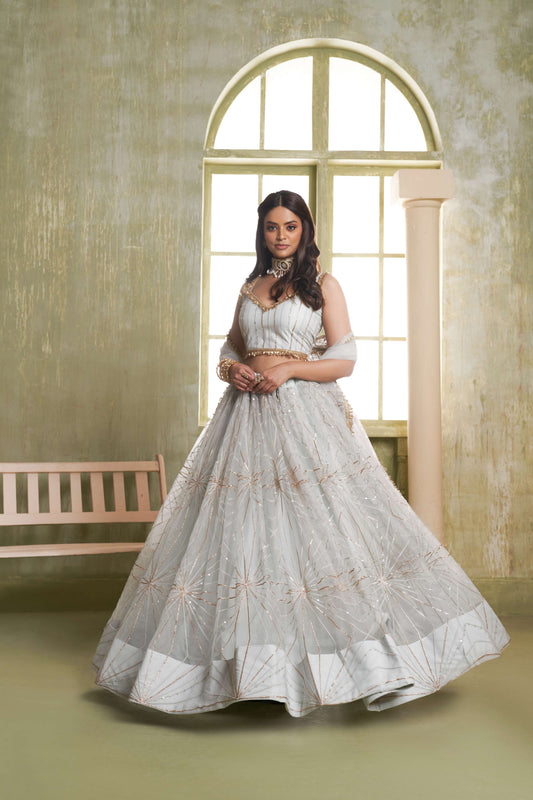Light Grey Embellilshed Net Lehenga Choli