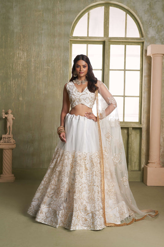 Off White Embroidered Party wear Lehenge Choli