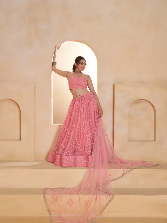 Pink Embroidered Beads & Hand Work Semi-Stitched Lehenga & Unstitched blouse with Dupatta
