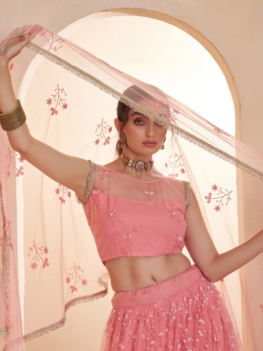 Pink Embroidered Beads & Hand Work Semi-Stitched Lehenga & Unstitched blouse with Dupatta