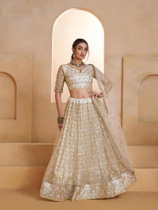 Off-White Embroidered Beads & Hand Work Semi-Stitched Lehenga & Unstitched blouse with Dupatta