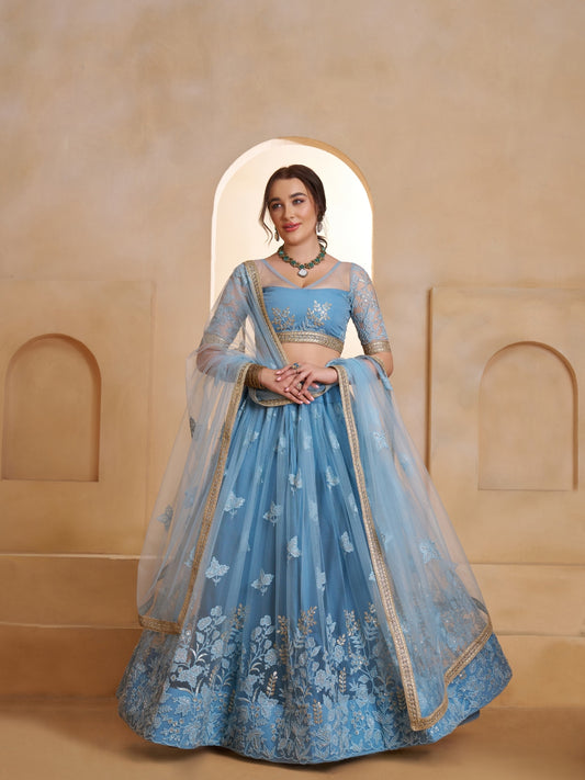 Blue Embroidered Beads & Hand Work Semi-Stitched Lehenga & Unstitched blouse with Dupatta