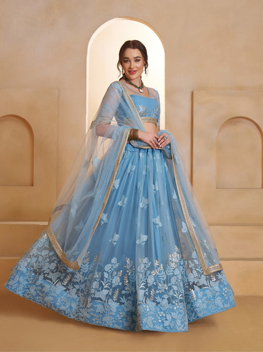 Blue Embroidered Beads & Hand Work Semi-Stitched Lehenga & Unstitched blouse with Dupatta