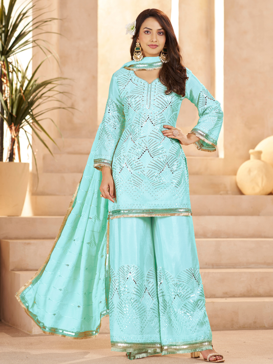 Sky Blue Ethnic Motifs Regular Mirror Work with Sharara & Dupatta