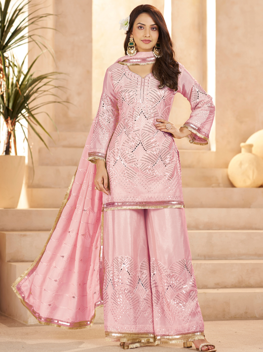Pink Ethnic Motifs Regular Mirror Work with Sharara & Dupatta