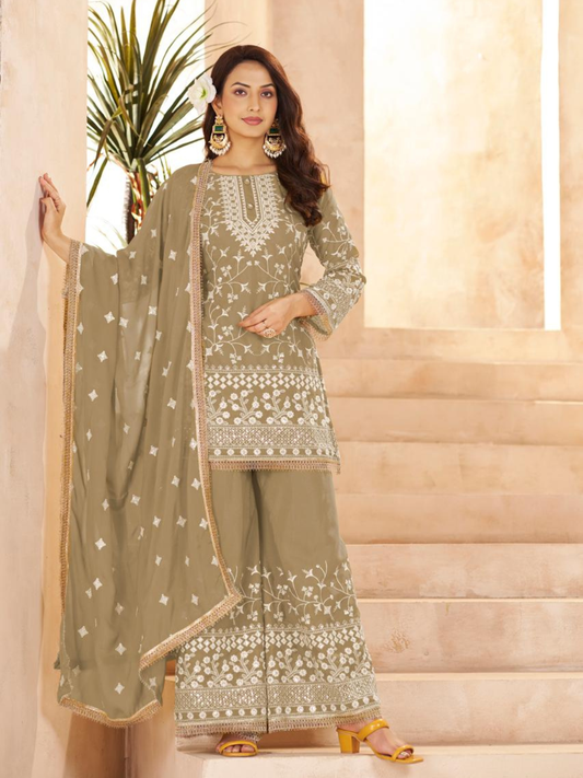 Tan Ethnic Embroidered & Sequinned Kurta with Sharara & Dupatta