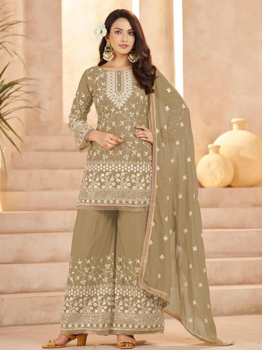 Tan Ethnic Embroidered & Sequinned Kurta with Sharara & Dupatta