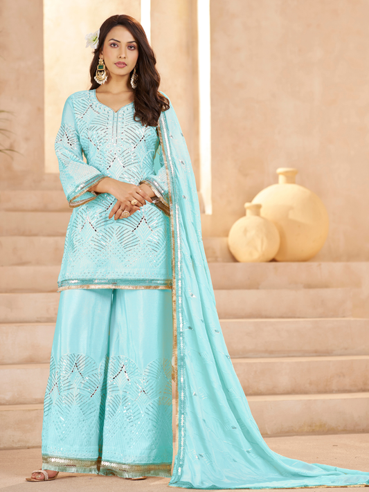 Sky Blue Ethnic Motifs Regular Mirror Work with Sharara & Dupatta