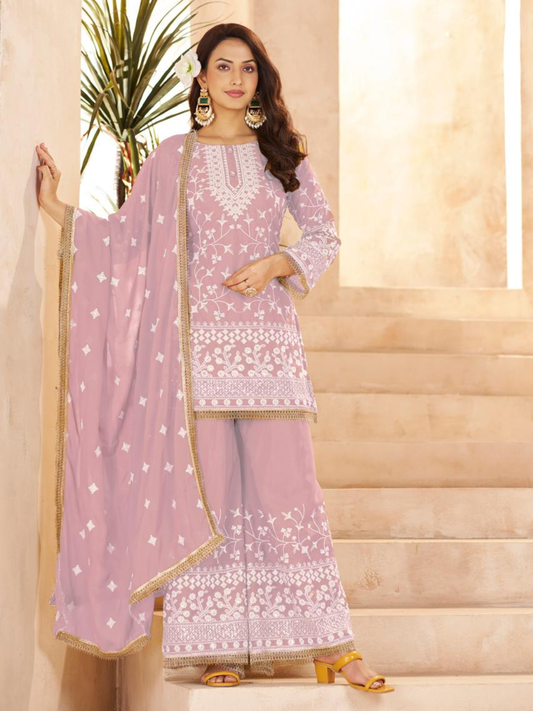 Pink Ethnic Embroidered & Sequinned Kurta with Sharara & Dupatta