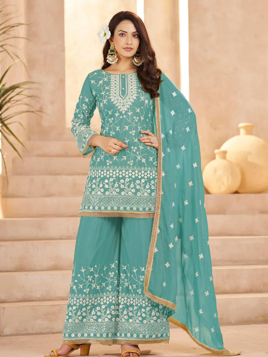 Aqua Blue Ethnic Embroidered & Sequinned Kurta with Sharara & Dupatta