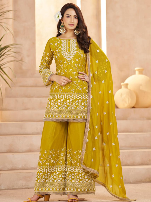 Mustard Yellow Ethnic Embroidered & Sequinned Kurta with Sharara & Dupatta