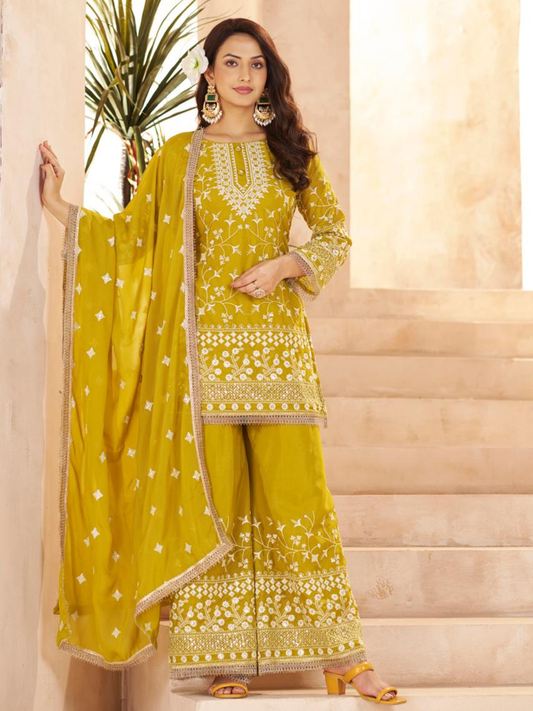 Mustard Yellow Ethnic Embroidered & Sequinned Kurta with Sharara & Dupatta
