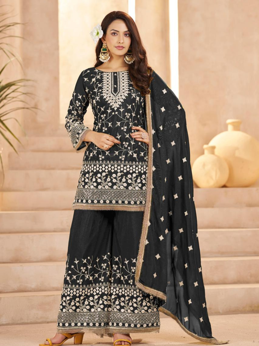 Black Ethnic Embroidered & Sequinned Kurta with Sharara & Dupatta