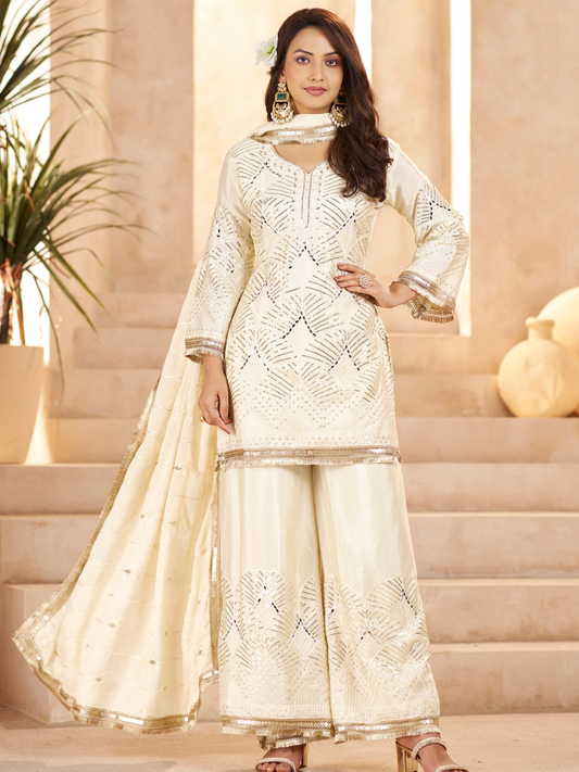 Off-White Ethnic Motifs Regular Mirror Work with Sharara & Dupatta