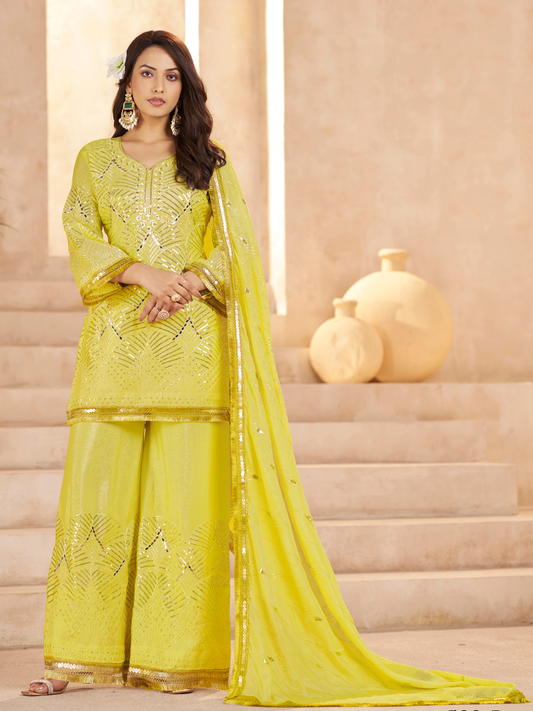 Yellow Ethnic Motifs Regular Mirror Work with Sharara & Dupatta