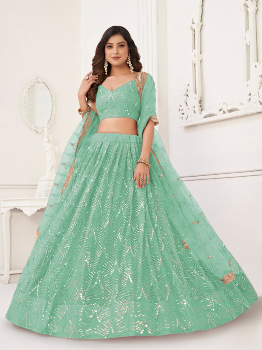 Lime Green Sequins Semi Stiched Lehenga & Unstitched Choli with Dupatta