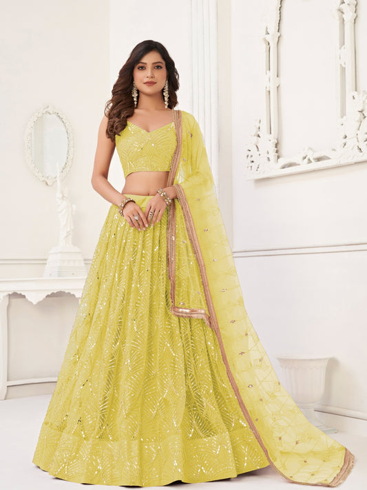 Lemon Embroidered Semi-Stitched Lehenga & Unstitched Choli with Dupatta