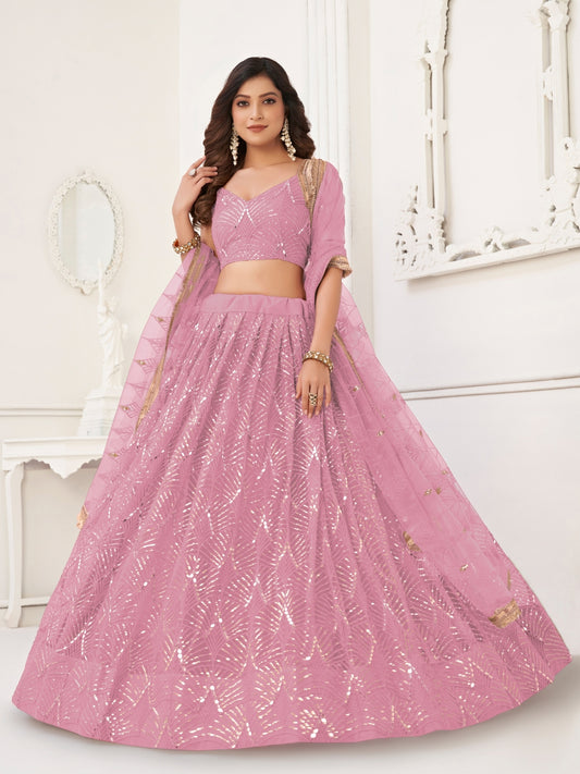 Light Pink Sequins Semi Stiched Lehenga & Unstitched Choli with Dupatta
