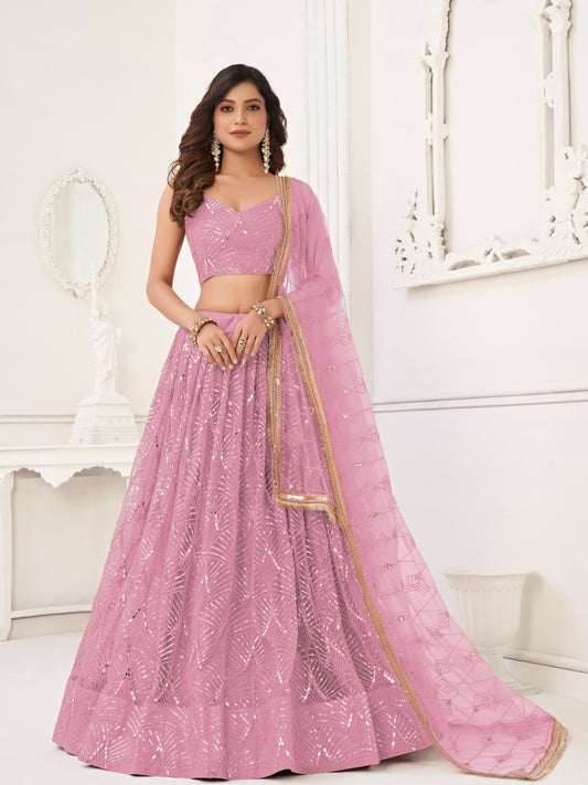 Light Pink Sequins Semi Stiched Lehenga & Unstitched Choli with Dupatta
