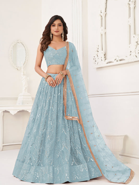 Sky Blue Sequins Semi Stiched Lehenga & Unstitched Choli with Dupatta