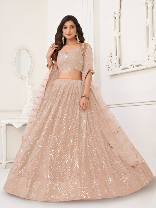 Peach Embroidered Semi-Stitched Lehenga & Unstitched Choli with Dupatta